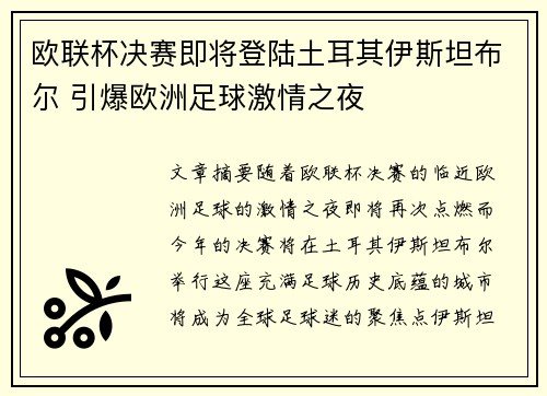 欧联杯决赛即将登陆土耳其伊斯坦布尔 引爆欧洲足球激情之夜